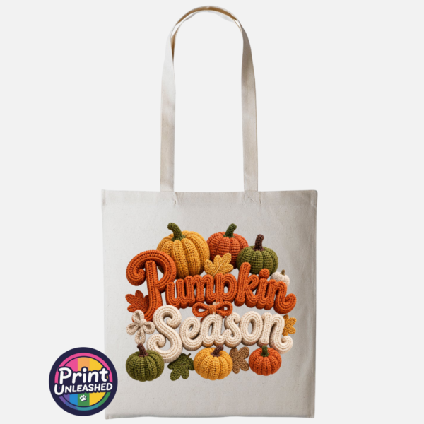 Pumpkin Season faux crochet lettering and yarn-effect pumpkins on cotton tote bag natural - Print Unleashed