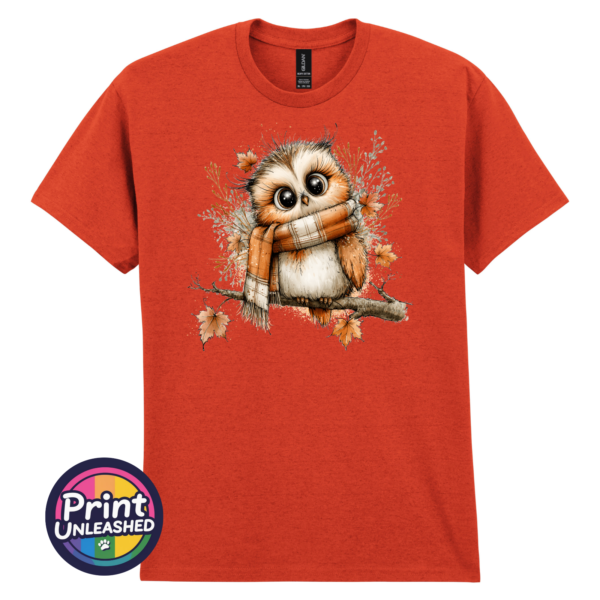 Cosy Autumn Owl Unisex T-Shirt in Antique Orange - Print Unleashed
