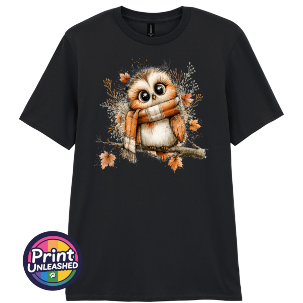 Cosy Autumn Owl Unisex T-Shirt in Black - Print Unleashed