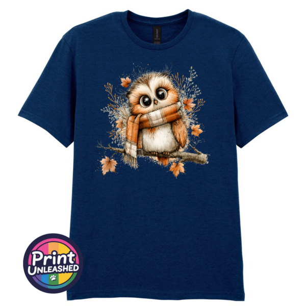 Cosy Autumn Owl Unisex T-Shirt in Navy - Print Unleashed