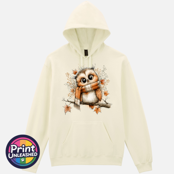 Owl off white Cosy Autumn Owl Softstyle Hoodie in Off White - Print Unleashed