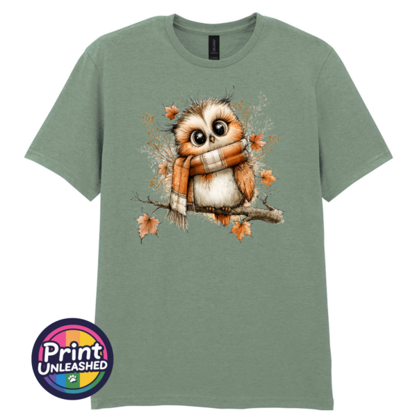 Cosy Autumn Owl Unisex T-Shirt in Sage - Print Unleashed