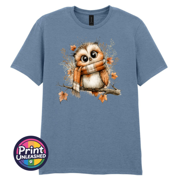 Cosy Autumn Owl Unisex T-Shirt in Stone Blue - Print Unleashed