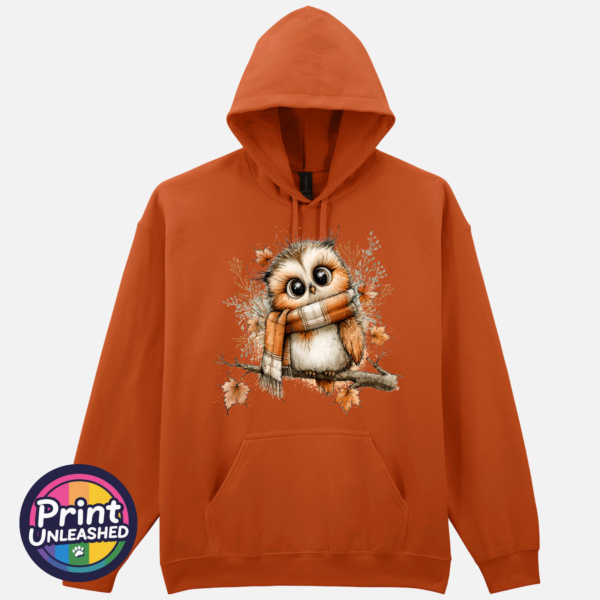 Owl tex ora Cosy Autumn Owl Softstyle Hoodie in Texas Orange - Print Unleashed