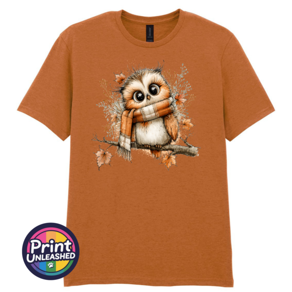 Cosy Autumn Owl Unisex T-Shirt in Texas Orange - Print Unleashed