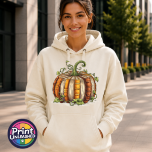 Bookish pumpkin made from autumn-coloured books on Premium hoodie model in ivory - Print Unleashed
