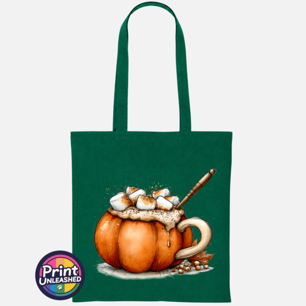 Pumpkin Cocoa copper autumn mug design on cotton tote bag in bottle green - Print Unleashed