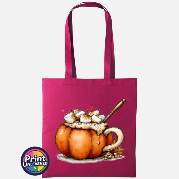 Pumpkin Cocoa copper autumn mug design on cotton tote bag in cranberry - Print Unleashed