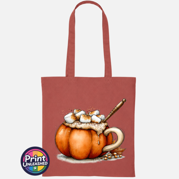 Pumpkin Cocoa copper autumn mug design on cotton tote bag in orange rust - Print Unleashed