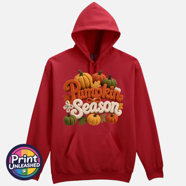 Pumpkin Season faux crochet lettering and yarn-effect pumpkins on Softstyle hoodie cardinal red - Print Unleashed