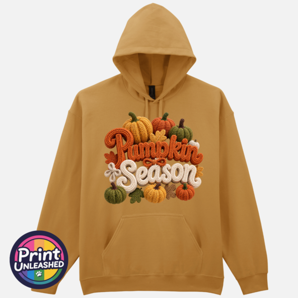 Pumpkin Season faux crochet lettering and yarn-effect pumpkins on Softstyle hoodie mustard - Print Unleashed