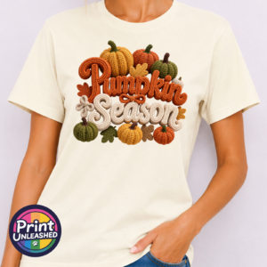 Pumpkin Season faux crochet lettering and yarn-effect pumpkins on unisex T-shirt in off white model - Print Unleashed