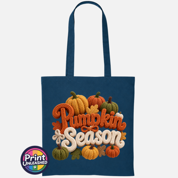Pumpkin Season faux crochet lettering and yarn-effect pumpkins on cotton tote bag petrol - Print Unleashed