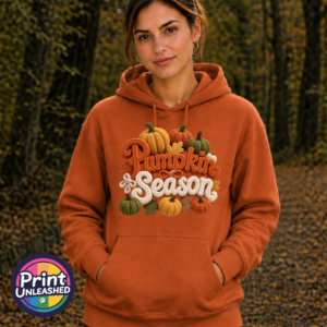 Pumpkin Season faux crochet lettering and yarn-effect pumpkins on Softstyle hoodie model - Print Unleashed