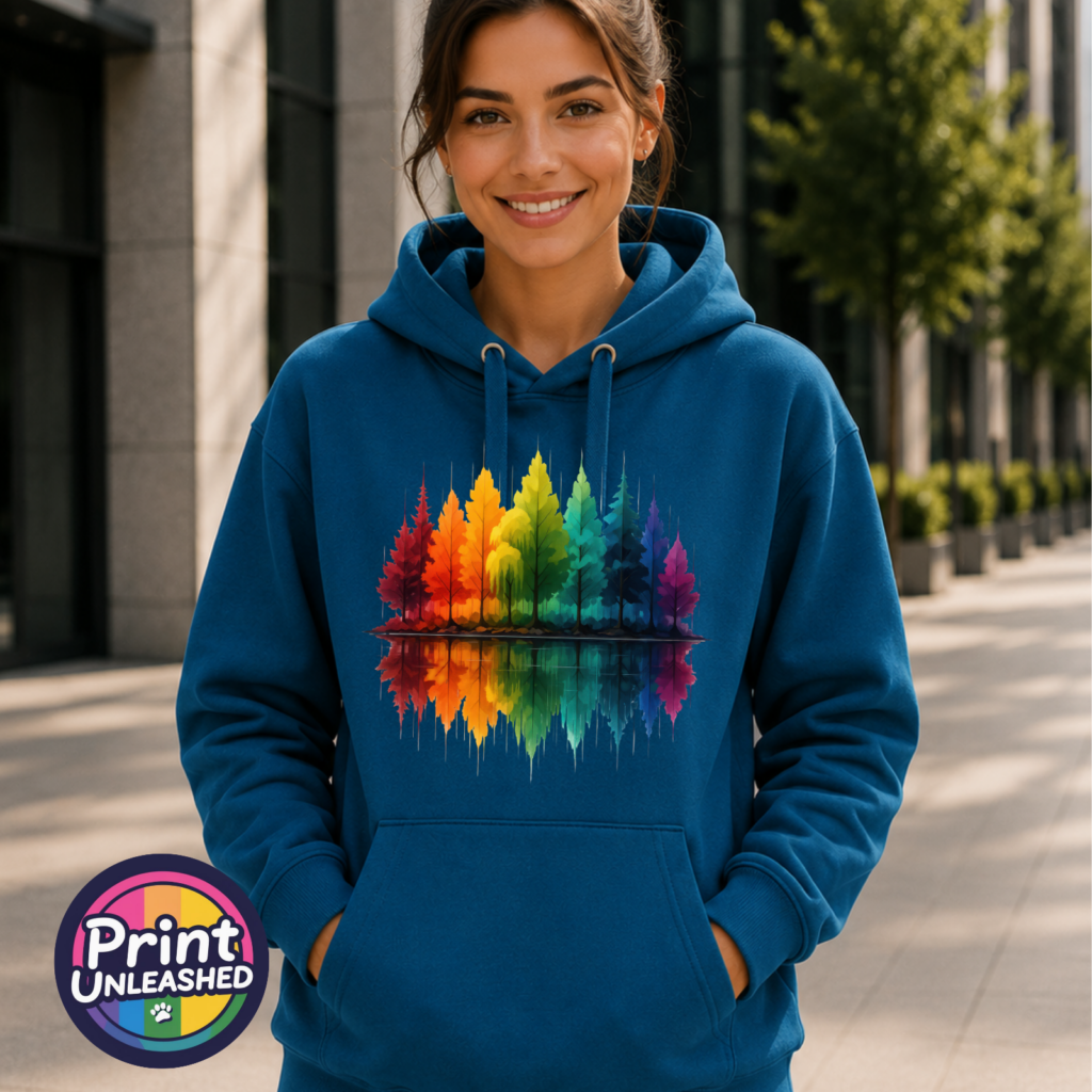 Rainbow Forest colourful tree design on Ink Blue premium hoodie - Print Unleashed