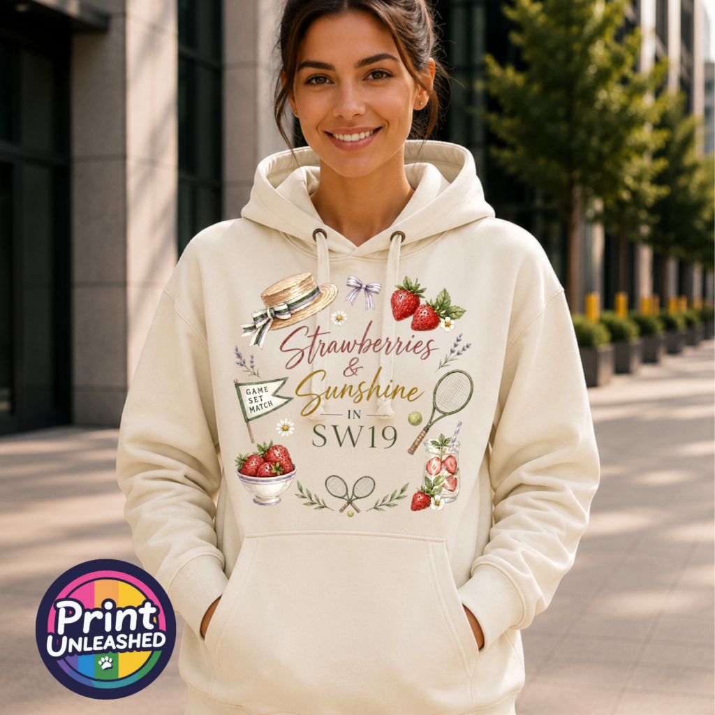 Strawberries and Sunshine SW19 tennis design on Premium hoodie model - Print Unleashed