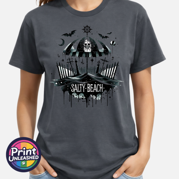 Salty Beach gothic skull and parasol design on unisex T-shirt model - Print Unleashed