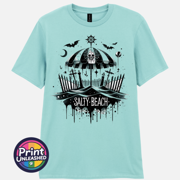 Salty Beach gothic skull and parasol design on unisex T-shirt teal ice - Print Unleashed