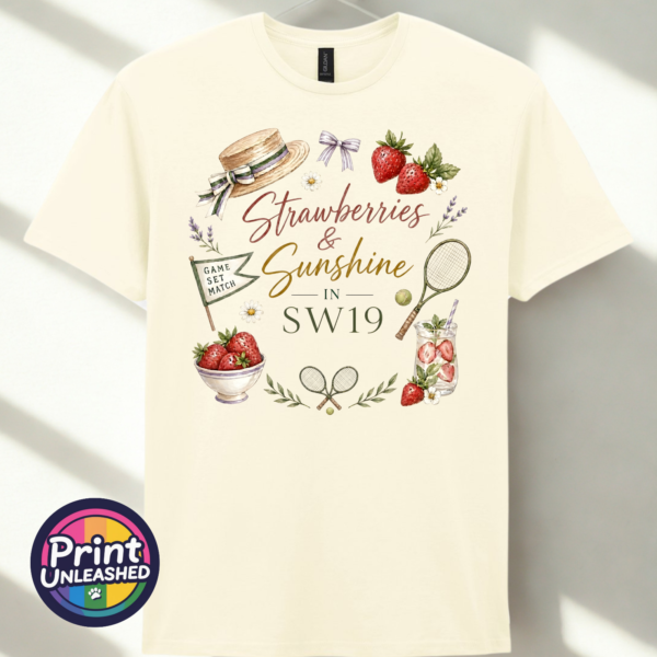 Strawberries and Sunshine SW19 tennis design on unisex T-shirt off white - Print Unleashed