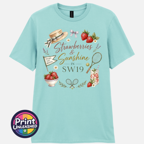 Strawberries and Sunshine SW19 tennis design on unisex T-shirt teal ice - Print Unleashed