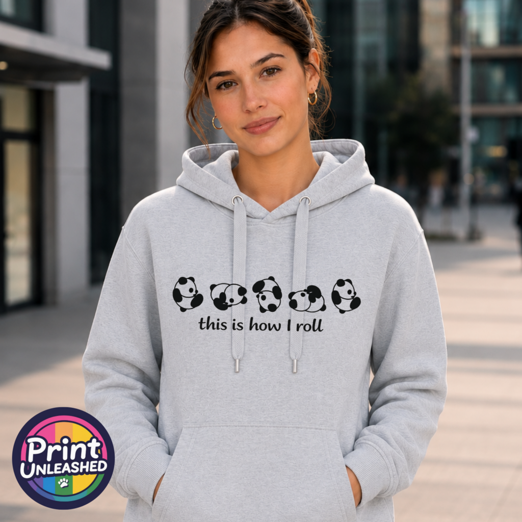 This Is How I Roll funny rolling panda design on Everyday Hoodie model - Print Unleashed