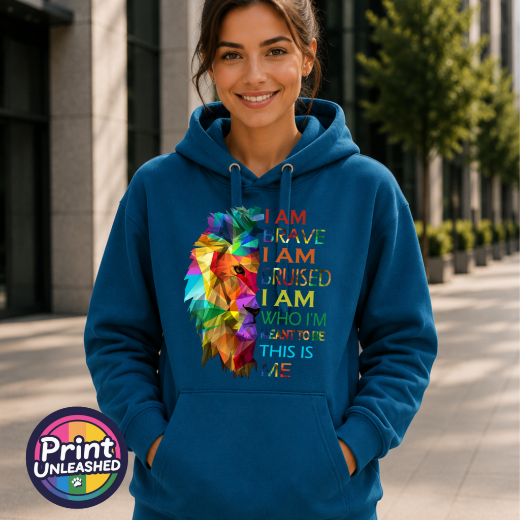 This Is Me geometric rainbow lion design on ink blue premium hoodie model - Print Unleashed