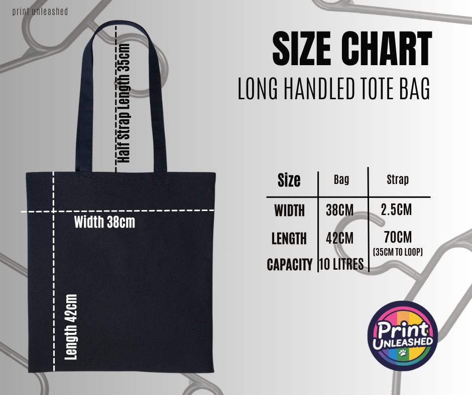 Print Unleashed tote bag size guide with bag dimensions, strap measurements and capacity