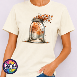 Wish Jar copper autumn woodland design on unisex T-shirt model - Print Unleashed
