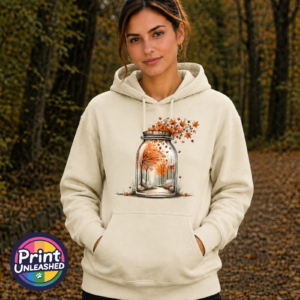 Wish Jar copper autumn woodland design on Softstyle hoodie model - Print Unleashed