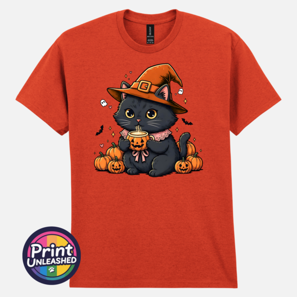 Black Cat ant ora Cute black cat wearing an orange witch hat and pink collar, holding a steaming pumpkin mug among pumpkins, tiny ghosts and bats, printed on a unisex T-shirt antique orange - Print Unleashed