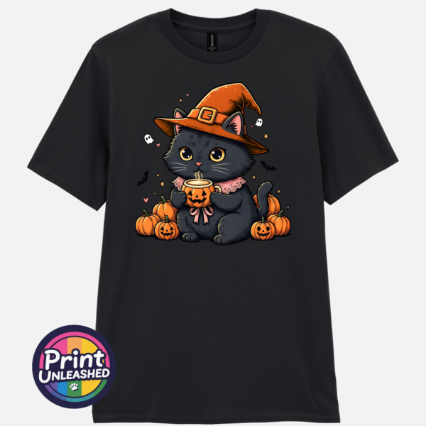 Black Cat black Cute black cat wearing an orange witch hat and pink collar, holding a steaming pumpkin mug among pumpkins, tiny ghosts and bats, printed on a unisex T-shirt black - Print Unleashed