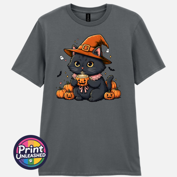 Black Cat char Cute black cat wearing an orange witch hat and pink collar, holding a steaming pumpkin mug among pumpkins, tiny ghosts and bats, printed on a unisex T-shirt charcoal - Print Unleashed