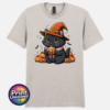 Cute black cat wearing an orange witch hat and pink collar, holding a steaming pumpkin mug among pumpkins, tiny ghosts and bats, printed on a unisex T-shirt ice grey - Print Unleashed
