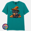 Cute black cat wearing an orange witch hat and pink collar, holding a steaming pumpkin mug among pumpkins, tiny ghosts and bats, printed on a unisex T-shirt jade - Print Unleashed