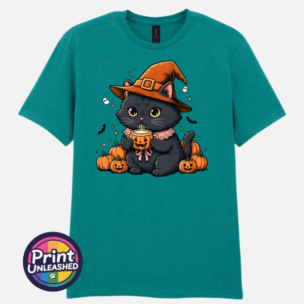 Black Cat jade Cute black cat wearing an orange witch hat and pink collar, holding a steaming pumpkin mug among pumpkins, tiny ghosts and bats, printed on a unisex T-shirt jade - Print Unleashed