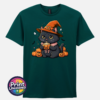 Cute black cat wearing an orange witch hat and pink collar, holding a steaming pumpkin mug among pumpkins, tiny ghosts and bats, printed on a unisex T-shirt marine green - Print Unleashed
