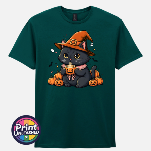 Black Cat marine Cute black cat wearing an orange witch hat and pink collar, holding a steaming pumpkin mug among pumpkins, tiny ghosts and bats, printed on a unisex T-shirt marine green - Print Unleashed