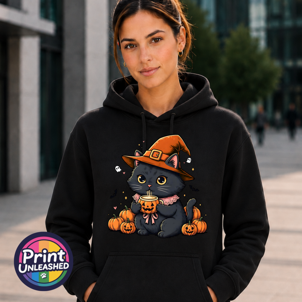 Cute black cat wearing an orange witch hat and pink collar, holding a steaming pumpkin mug among pumpkins, tiny ghosts and bats, printed on an Everyday Hoodie female model - Print Unleashed
