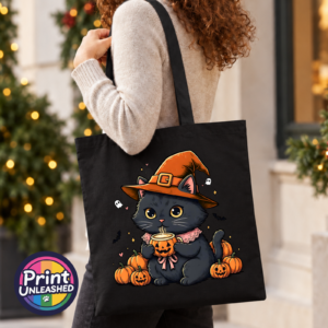 Black Cat model black Cute black cat wearing an orange witch hat and pink collar, holding a steaming pumpkin mug among pumpkins, tiny ghosts and bats, printed on a tote bag model - Print Unleashed