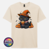 Cute black cat wearing an orange witch hat and pink collar, holding a steaming pumpkin mug among pumpkins, tiny ghosts and bats, printed on a unisex T-shirt natural - Print Unleashed