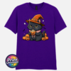 Cute black cat wearing an orange witch hat and pink collar, holding a steaming pumpkin mug among pumpkins, tiny ghosts and bats, printed on a unisex T-shirt purple - Print Unleashed