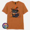 Cute black cat wearing an orange witch hat and pink collar, holding a steaming pumpkin mug among pumpkins, tiny ghosts and bats, printed on a unisex T-shirt texas orange - Print Unleashed