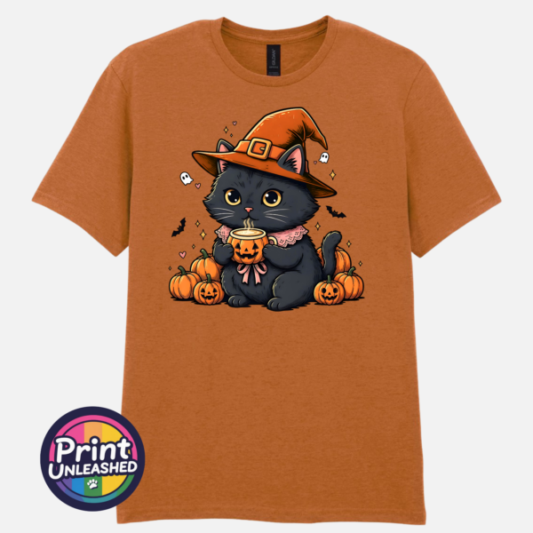 Black Cat tex ora Cute black cat wearing an orange witch hat and pink collar, holding a steaming pumpkin mug among pumpkins, tiny ghosts and bats, printed on a unisex T-shirt texas orange - Print Unleashed