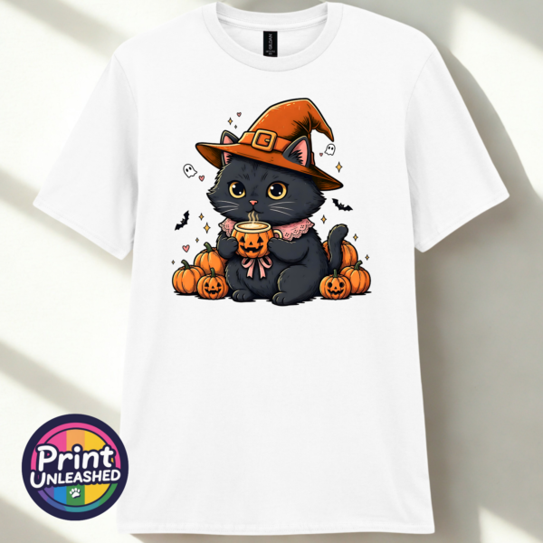 Black Cat white Cute black cat wearing an orange witch hat and pink collar, holding a steaming pumpkin mug among pumpkins, tiny ghosts and bats, printed on a unisex T-shirt white - Print Unleashed