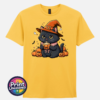 Cute black cat wearing an orange witch hat and pink collar, holding a steaming pumpkin mug among pumpkins, tiny ghosts and bats, printed on a unisex T-shirt yellow - Print Unleashed