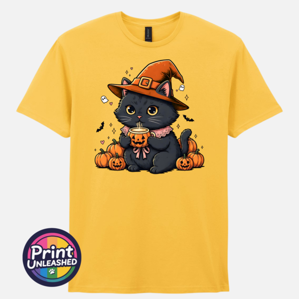 Black Cat yellow Cute black cat wearing an orange witch hat and pink collar, holding a steaming pumpkin mug among pumpkins, tiny ghosts and bats, printed on a unisex T-shirt yellow - Print Unleashed