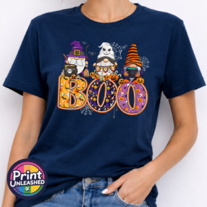 Boo Gonks navy model Three Halloween gonks with witch hats, cauldrons and pumpkins above colourful patterned BOO lettering, printed on a unisex T-shirt model - Print Unleashed