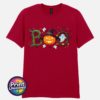 Halloween BOO design with tangled vines, a witch-hat pumpkin, ghosts and a spooky tree printed on a unisex T-shirt antique cherry red - Print Unleashed