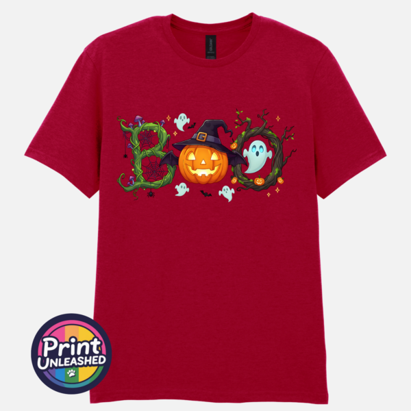 Halloween BOO design with tangled vines, a witch-hat pumpkin, ghosts and a spooky tree printed on a unisex T-shirt antique cherry red - Print Unleashed