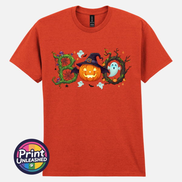 Halloween BOO design with tangled vines, a witch-hat pumpkin, ghosts and a spooky tree printed on a unisex T-shirt antique orange - Print Unleashed